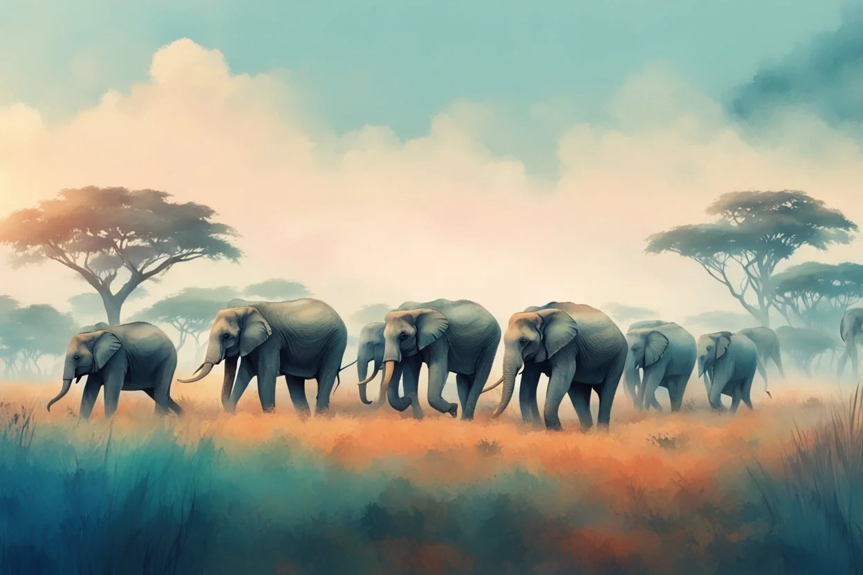 a herd of elephants walking across a grass covered field, beautiful cinematic poster, zoo, screenshot from the game, running in savannah, africa, fantastic anthropology, watercolor, tint leak, hazy, colors of blue, indigo, teal and orange