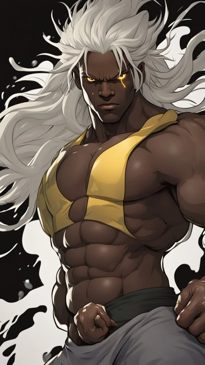 A close picture to a man with dark skin and fighting with his hands have white Pretty hair and yellow glowing eyes and strong muscles