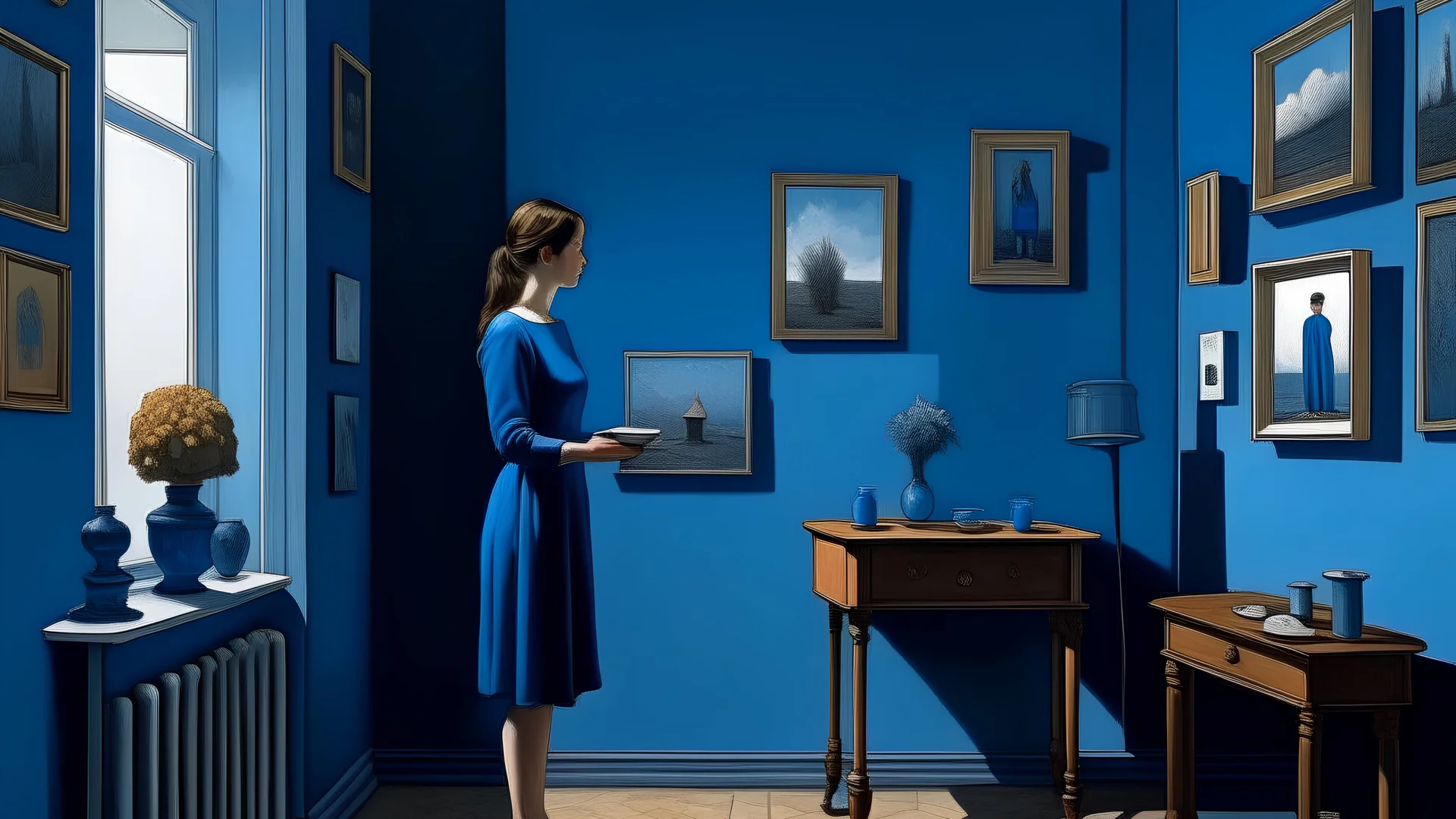 A female figure standing in a room with blue walls, a small table with objects on it, and a painting within the painting on the wall