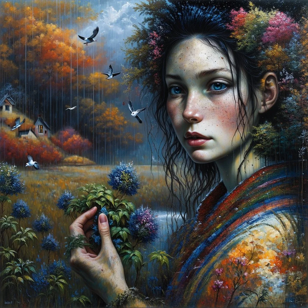 Richly textured Hieronymus Bosch, Catrin Welz-Stein, William Turner, Zdzisław Beksiński, Jacek Yerka oil on canvas zentangle line art style mix, surreal frosted fantasyland winter oceanscape, hoarfrost on trees, high grasses, snow and cottages, withered flowers, pale sunrise; paint splatter, beautiful vibrant colors, reflections, SK, flying seagulls, dramatic clouds, snowfall.