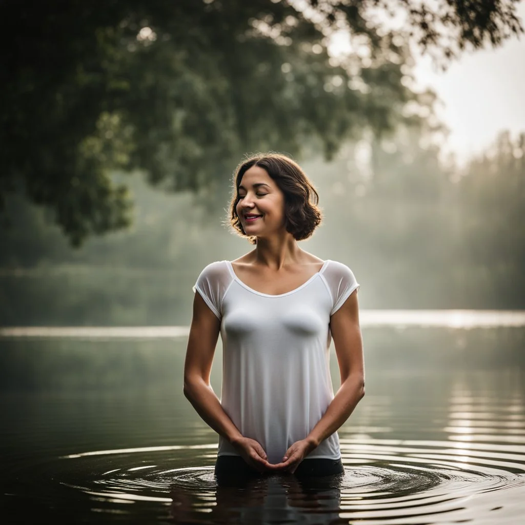 photography of a beautiful and happy woman, standing in lake water, eyes closed, meditation, white top, yoga flyer, brunette short wavy bob haircut, serenity, misty, relaxing image, white misty colors, foggy sunlight