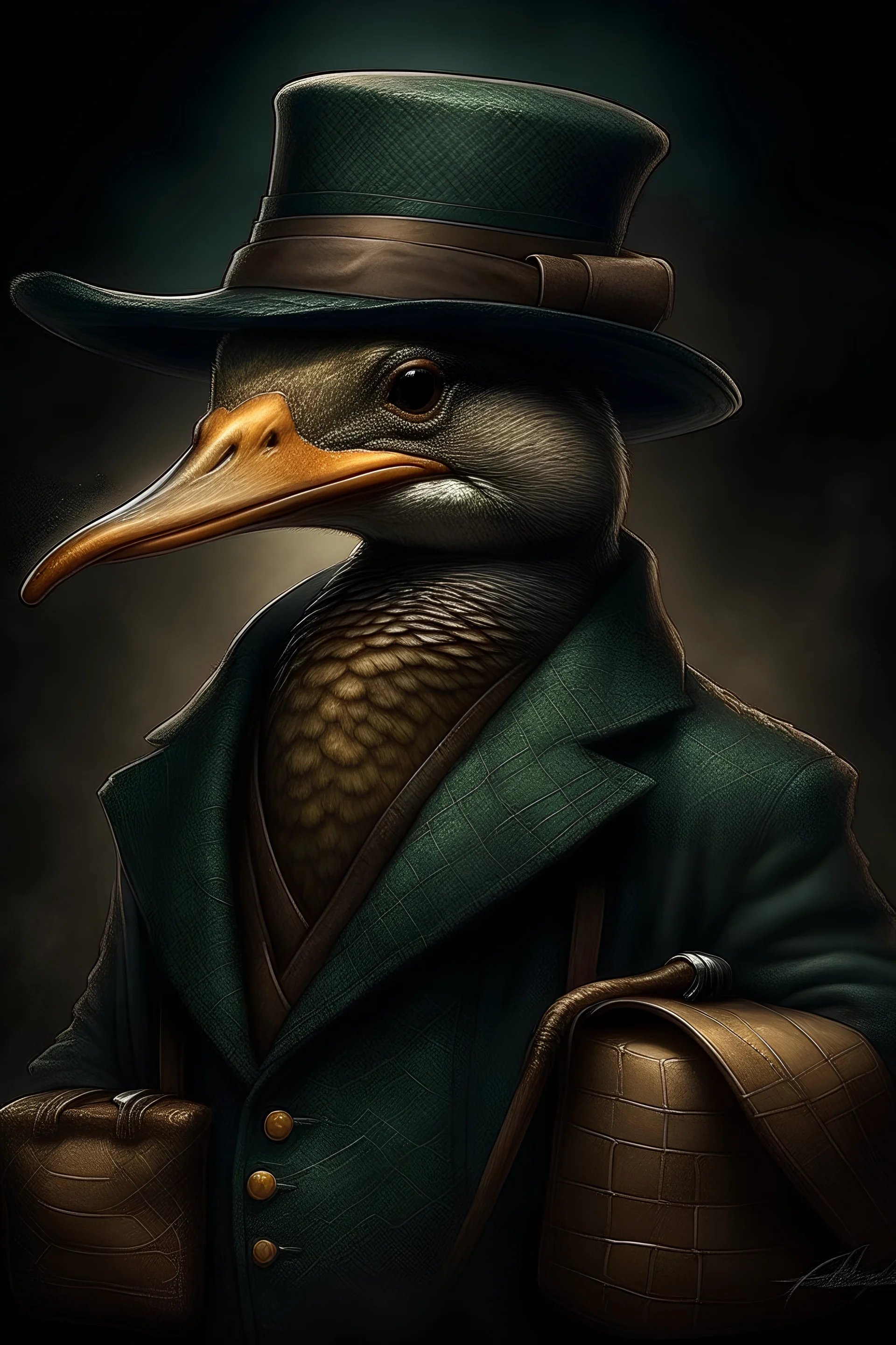 a fantasy art picture of a mallard in a bowler hat wearing a dark tweed coat with a doctors bag in one