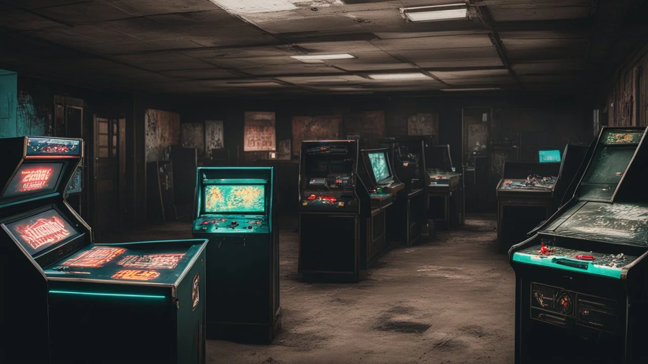 desolate dark arcade, many arcade cabinets, horror, no humans