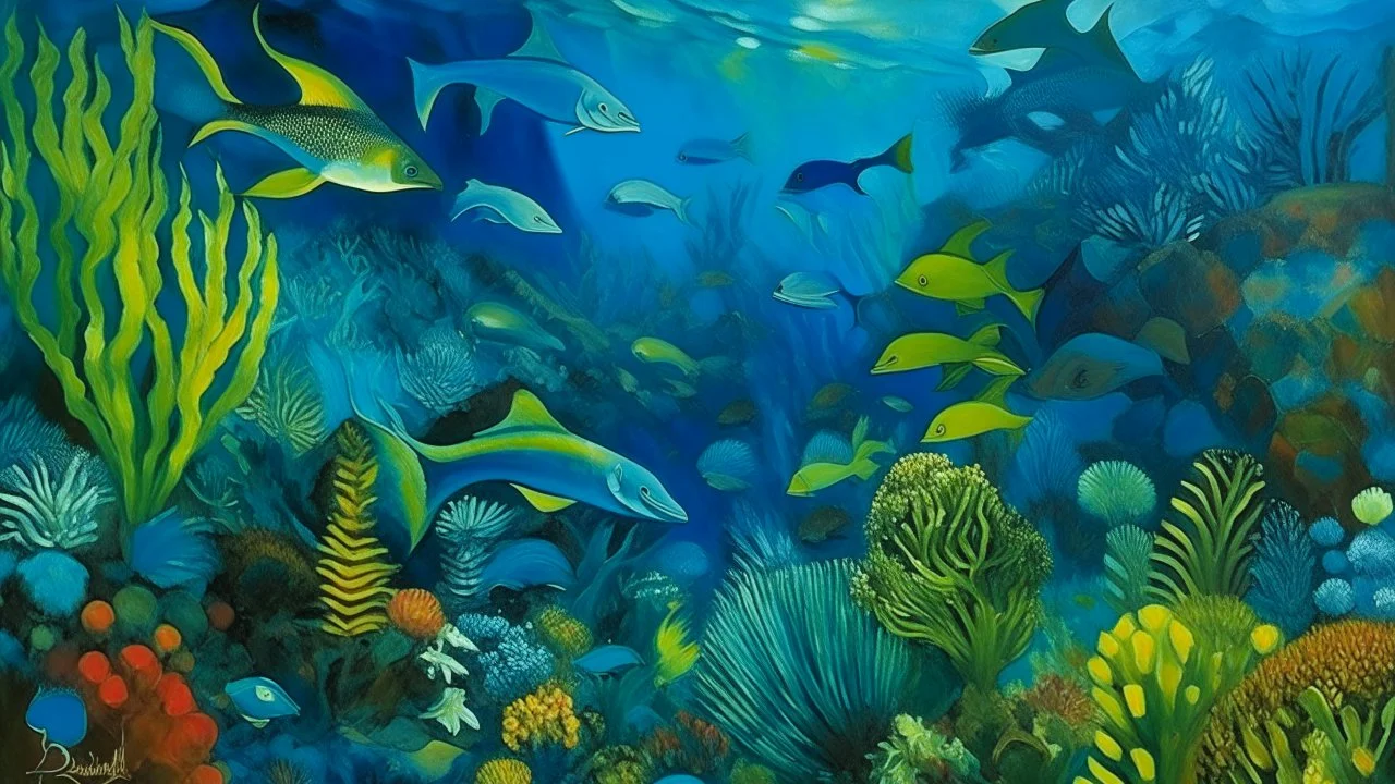 A blue underwater coral reef with fish painted by Paul Gauguin