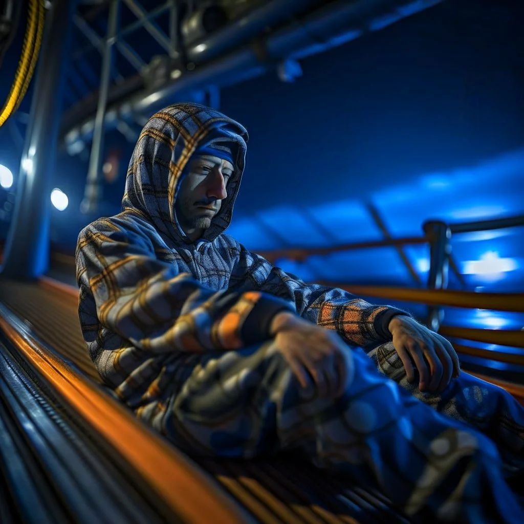 portrait of ninja sleeping in pyjamas on oil platform in north sea, shot on Hasselblad h6d-400c, zeiss prime lens, bokeh like f/0.8, tilt-shift lens 8k, high detail, smooth render, down-light, unreal engine, prize winning