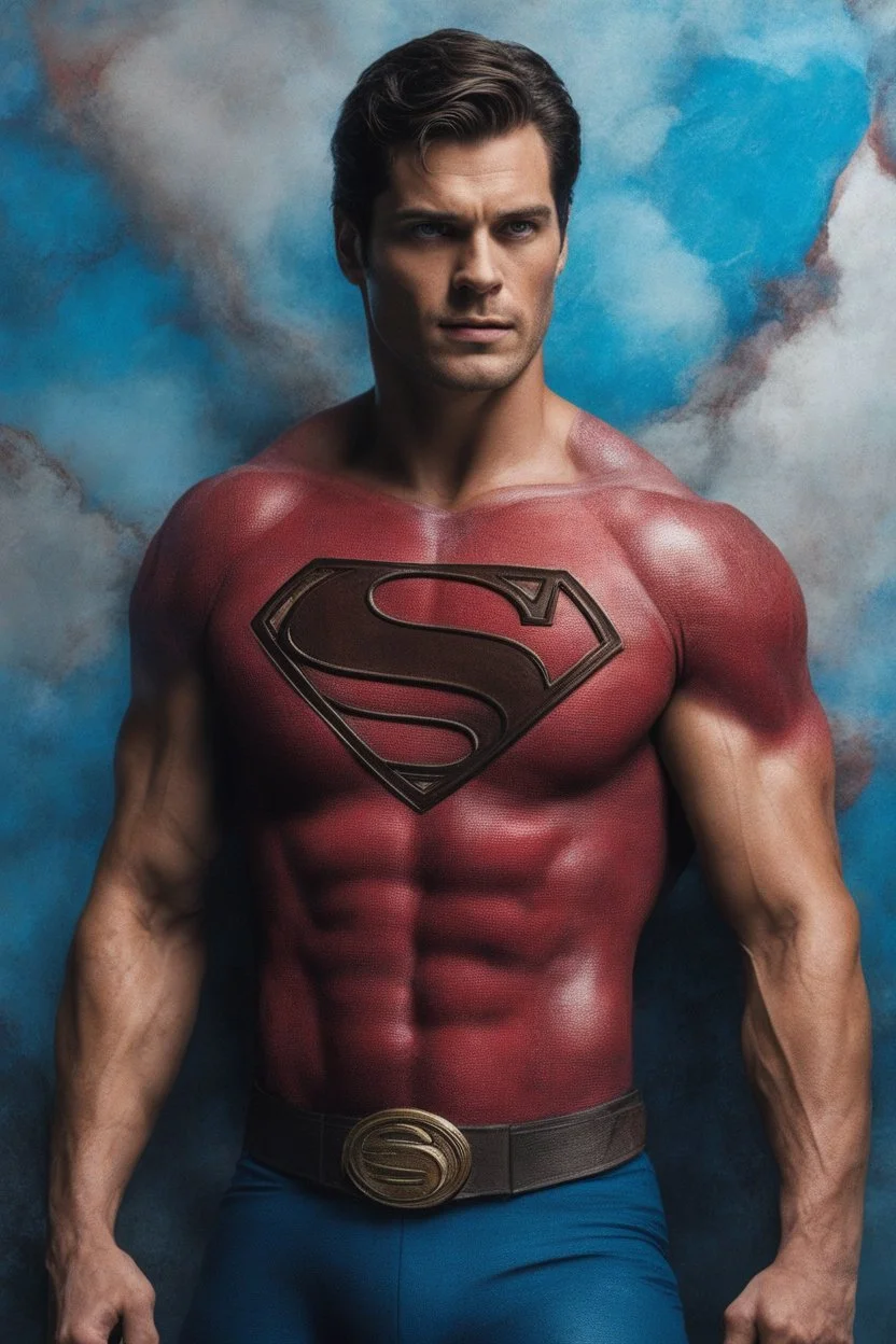 Christopher Reeve/Henry Cavill/David Corenswet Superman, new 52, extremely huge, overexaggerated muscles, posing and flexing in a front of the camera, random extreme action poses, an extremely colorful, multicolored foggy blue marble wall in the background with a colorful marble tile floor, multicolored lightning,