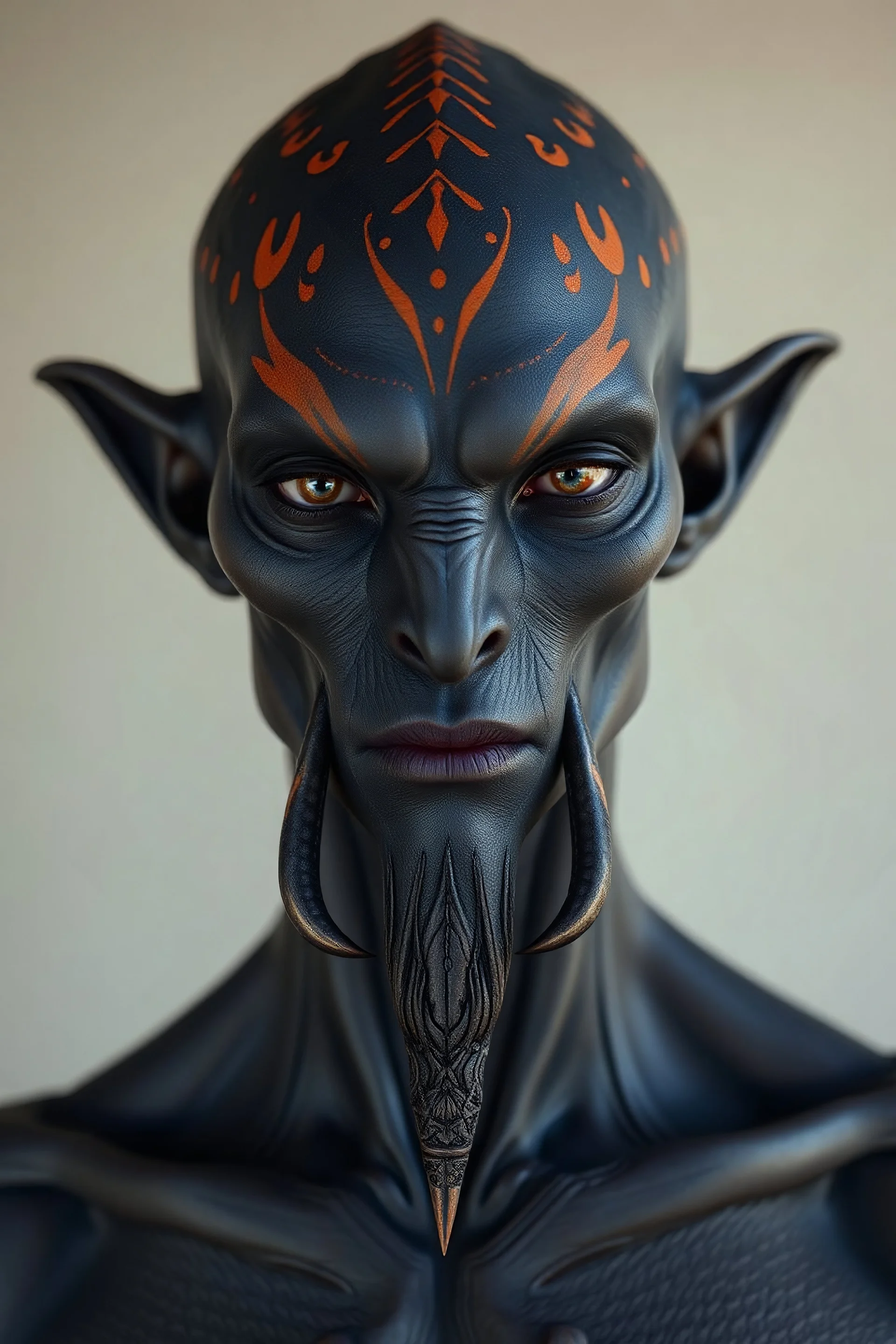 Attractive humanoid alien male with dark grey skin. His head is bald with scales and orange markings. He has horns that grow out of his chin like a beard