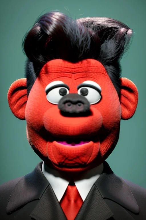 Waist up muppet Portrait, Kim Jong-un muppet doll, black suit, photo studio, red background, unreal engine 5, concept art, art station, god lights, ray tracing, RTX, lumen lighting, ultra detail, volumetric lighting, 3d.