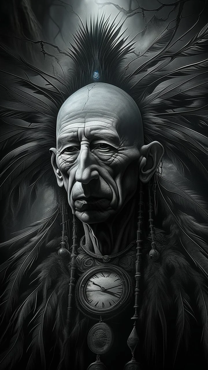 An old clock in the background of black vein, human veins, mixing together a lot of them, like a forest, big and small veins a lot of them, a crow standing an old army helmet