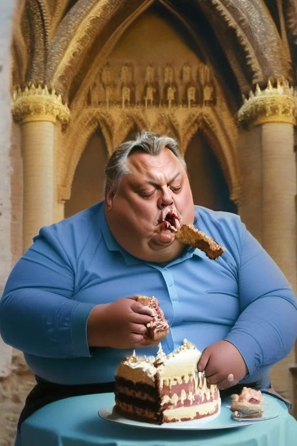 fat viktor orban eating cake in a castle