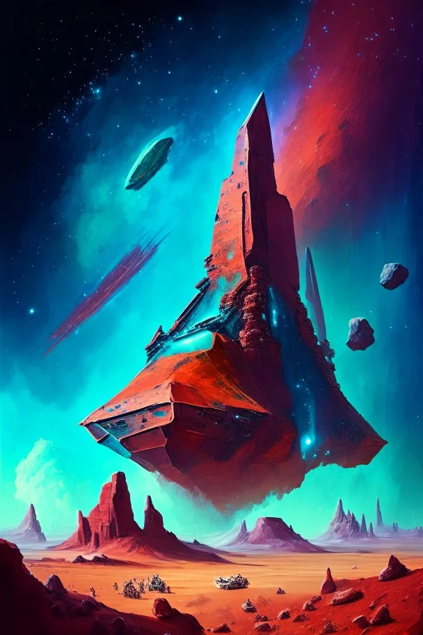 Towering starship fortress in red desert landscape with blue and green mineral rocks nebula starry sky painterly rpg art