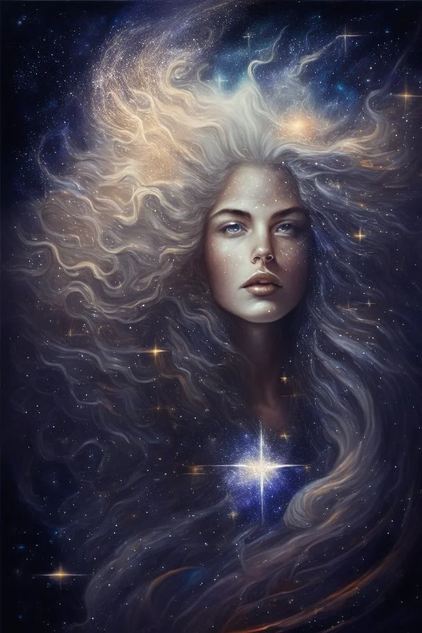 Kobieta Piekna polaczony z kosmosem I muzyka portrait of a powerful, celestial figure, with flowing, star-studded hair and eyes that contain entire galaxies