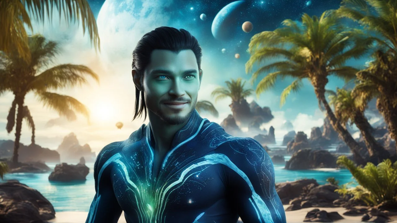 beautiful gorgeous young man na'vi with long hair, Avatar, blue skin, two small ears, green eyes, black hair, in cosmic suit, galactic ambiance, medium pointy goatee , smiling, with spaceship and planets and palm trees and clear crystaline cosmic beach in background