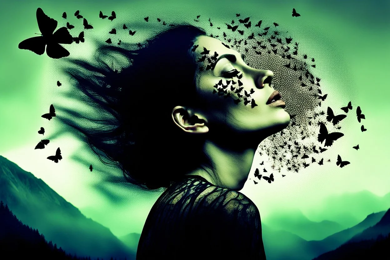 Double exposure image, facing the camera close up a closed eyes fade face woman portrait with shattered, cracked head out many black butterflies explosed in front of forehead and flying around and swirl, high mountains silouttes, pale moon, deep fade colors, soft lines, melting colors and shapes, surreal mood, nightmare, melting painted, dramatic shadows, dark mood , fog, dark fantasy, dreamlike atmosphere, crepy stunning.