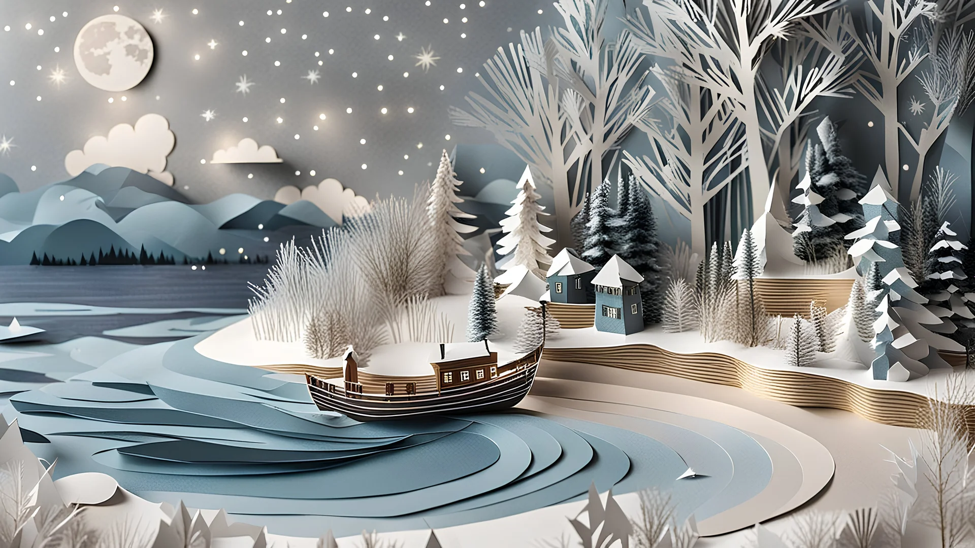 paper craft, a magical winter landscape with a lakeshore