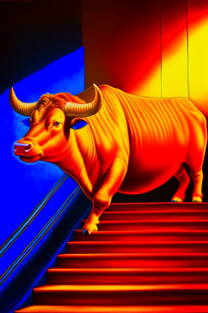 senile bull, spray paint, photo realism, trending on art station, 8k, depth of field, down light, light rays, volumetric, reflective spiral staircase, blue, yellow, golden brown and orange