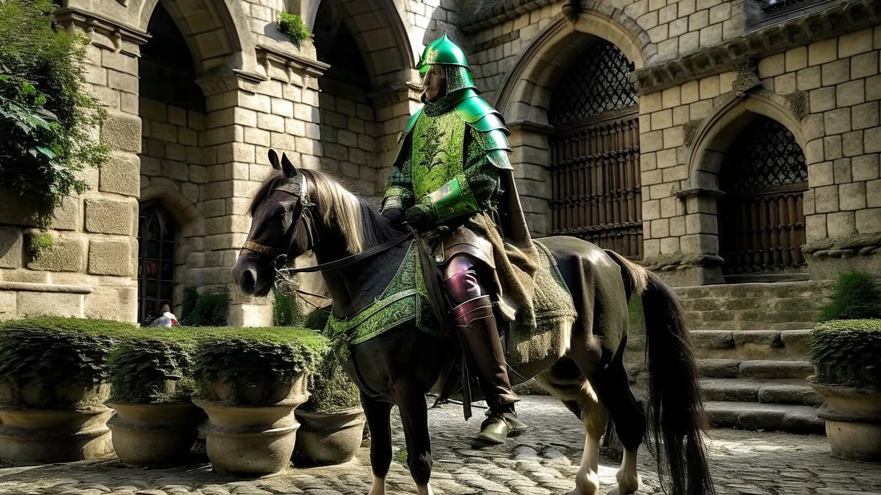 king on his horse in the castle courtyard