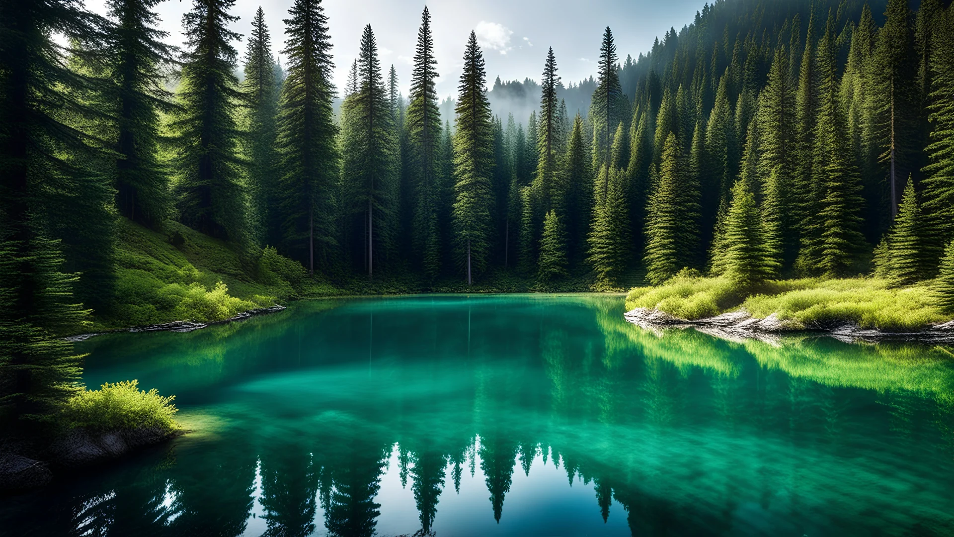 imagine being next to a small crystal clear no colored water lake with visible depth in the middle of a lucious beautiful fir Forrest