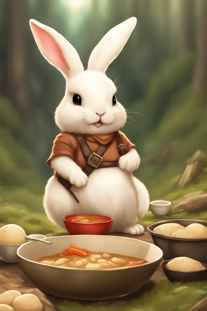 Cute chubby bunny floppy ears adventurer dnd coocking art realism