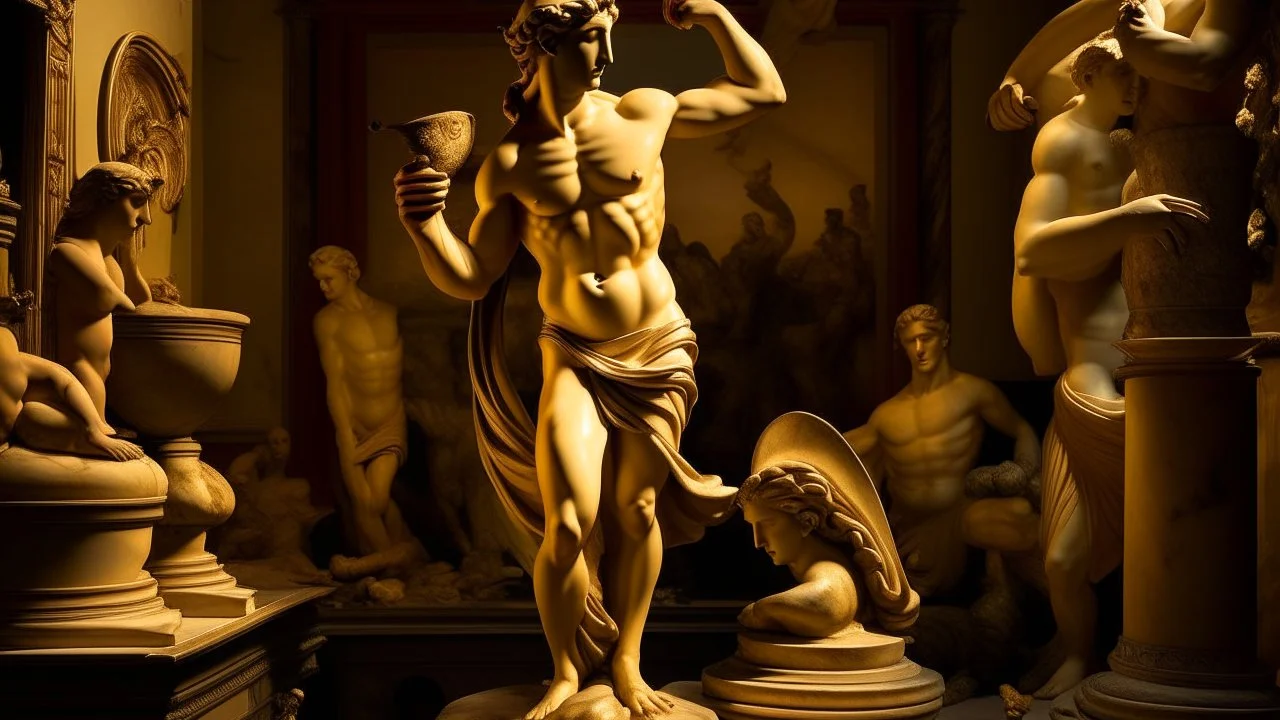 Nude figure in a heroic pose, classical Greek style with sculptural details, ancient temple setting and golden light, next to an amphora