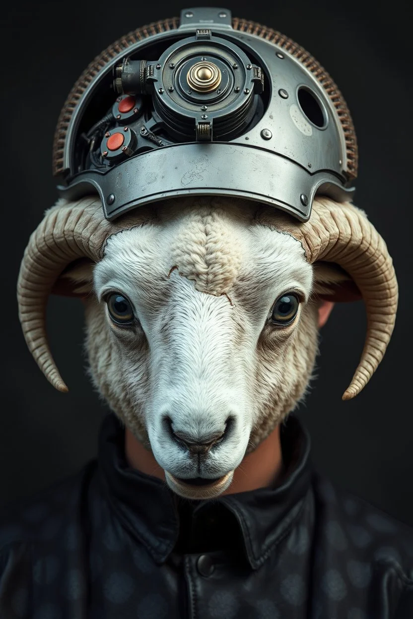 a portrait of a broken head mechanic, man is eating a hybrid mixed body part sheep, giant eyes sheep alien style H.R giger look