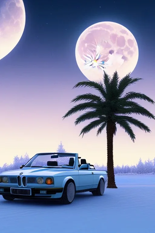 1980's aesthetic vaporwave palm trees with lighting with moon with bmw in the winter snow