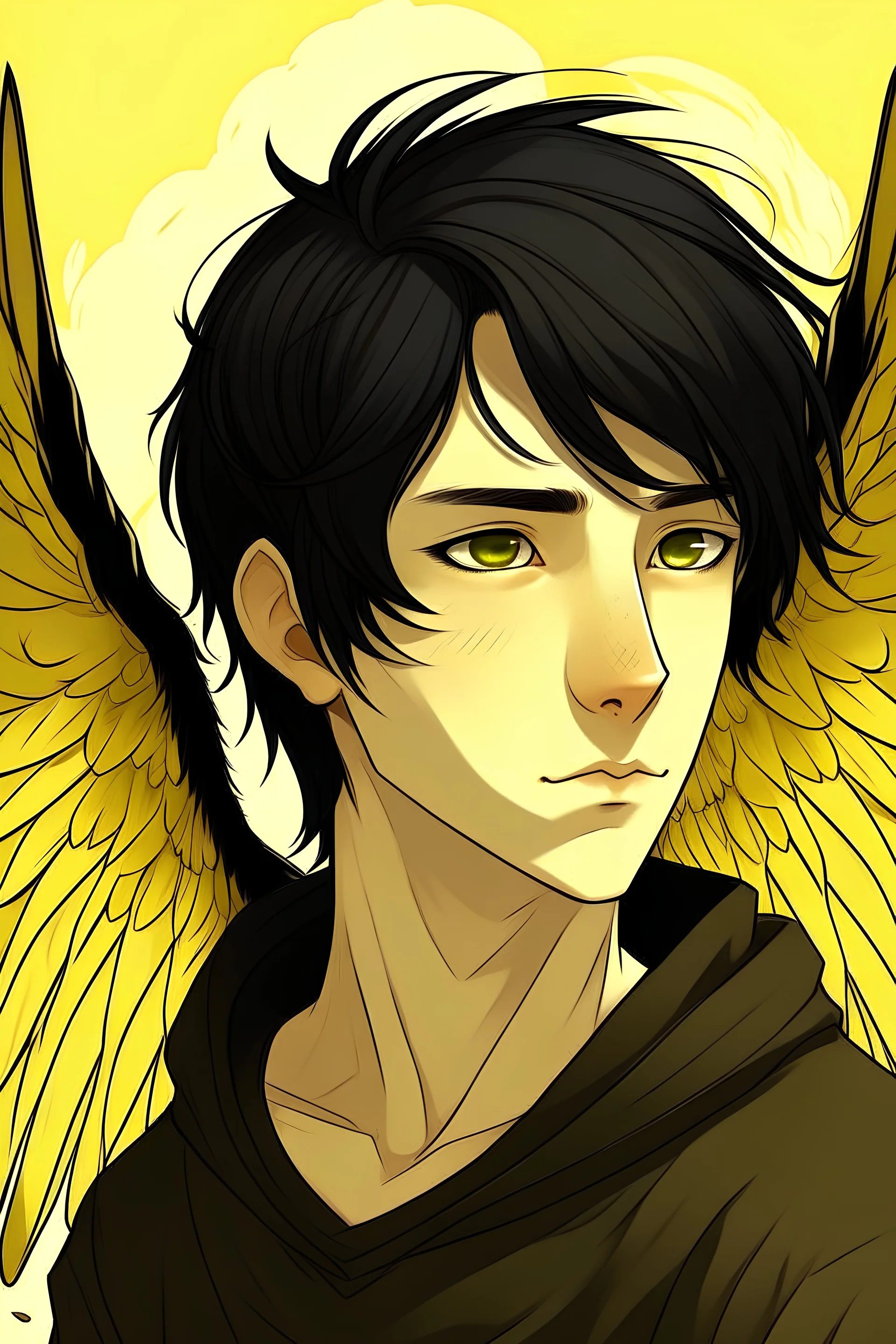 Draw me an illustration of a 15-year-old boy who has black hair, black wings, and yellow eyes.