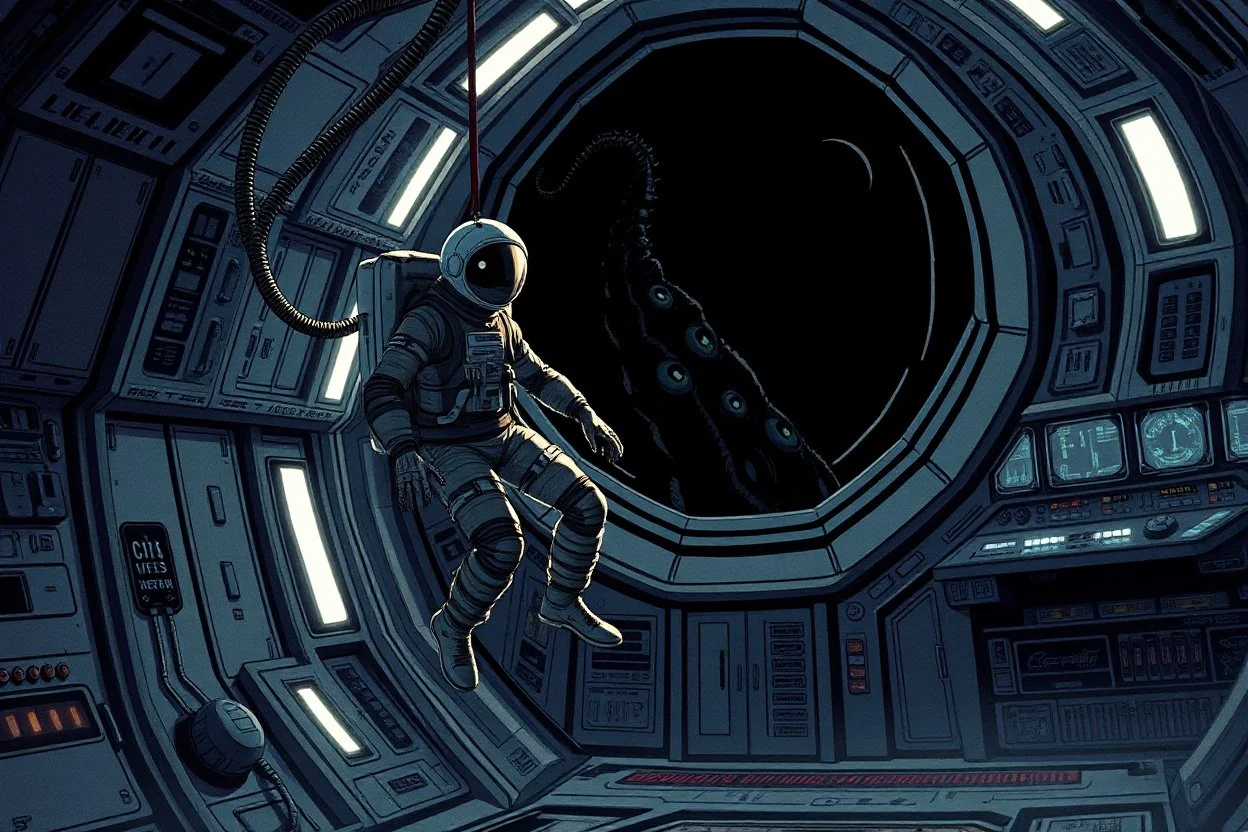 zombie astronaut suspended off the ground with a biomechanical tube that is connected to his back, the tube snakes away into the corner of the command center of space ship where a large black mass with multiple eyes has nestled itself, space horror, dramatic, digital illustration, Syd Mead aesthetic, 'Alien' movie vibes