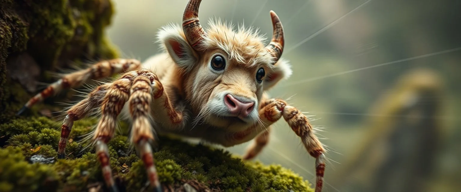 the high speed magical face of a fluffy cow crab spider yoga with charm in web from mossy tower, master oil painting by Rembrandt and Escher, in his moss covered space ship , brightened edges to give a sense of depth, motion blur