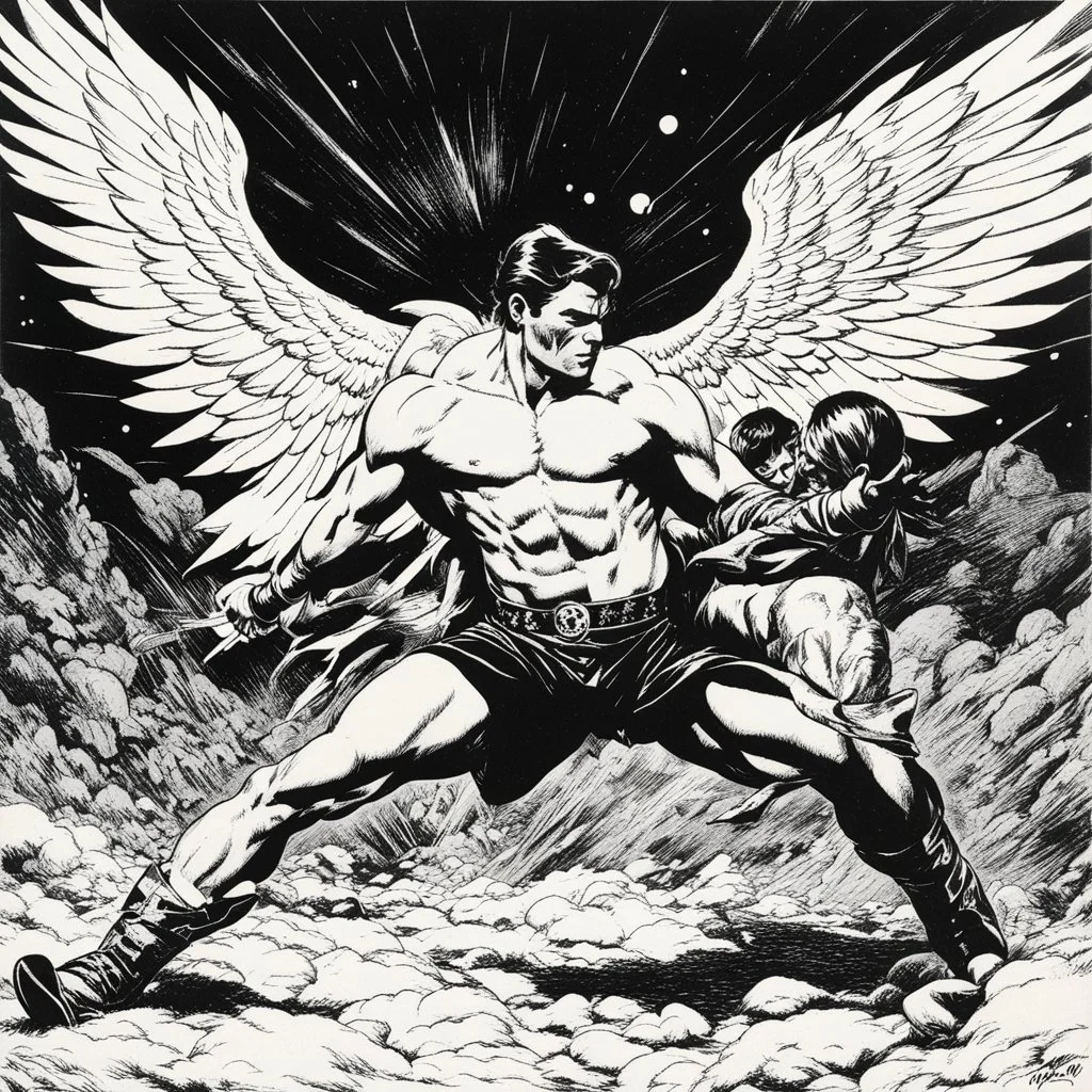 [art by Joe Kubert] Jacob wrestling with angel