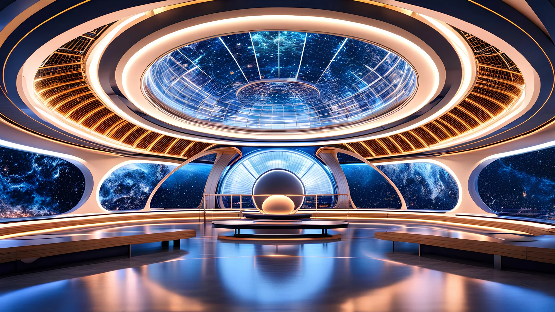 futuristic fantastic symmetrical circular spaceship, interior view, year 2060, night, beautiful, colorful, totally symmetrical design, style Shigeru Ban, cosmic innovative architecture, award-winning photograph, awesome, serene, inspiring, spiritual, impressive, cinematic lighting, epic composition, photorealism, very high detail, Unreal Engine, Octane render, HDR