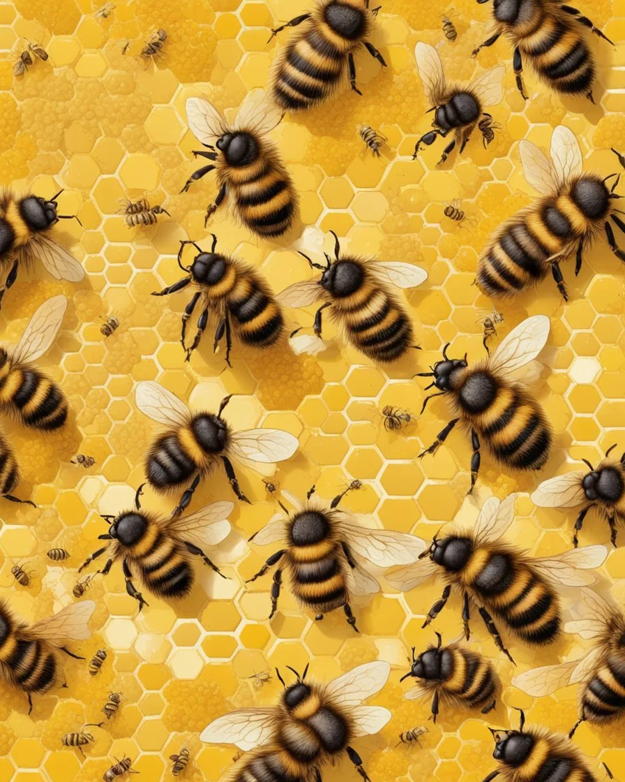 gentle background with bees, honeycombs in the background, bees on hives on a yellow field