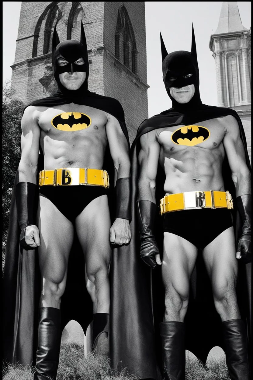 an extremely muscular version of the Adam West Batman and the Burt Ward Robin with the word (("BATMAN & ROBIN")) across the top