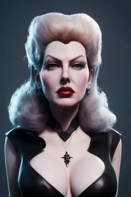 Lana Turner as evil queen in black leather, leather, busty, cleavage, angry, stern look. character design by cory loftis, fenghua zhong, ryohei hase, ismail inceoglu and ruan jia. unreal engine 5, artistic lighting, highly detailed, photorealistic, fantasy