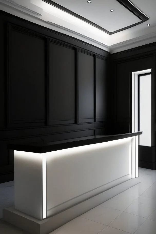 A reception desk with black walls, a white floor, and hidden or rich lighting, and it is suitable for a museum