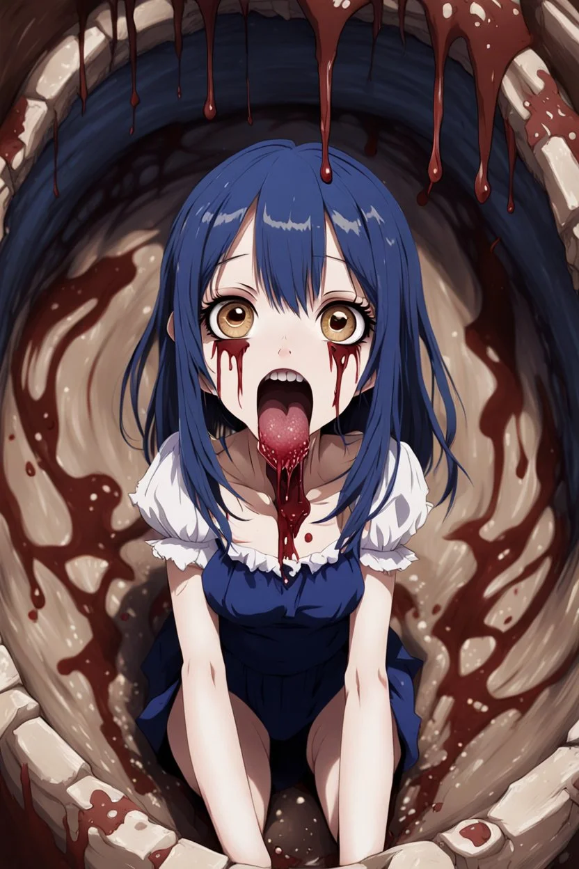 Anime girl with big eyes, darkblue and sepia tones, fullbody, slime, the perspective looking up from the bottom of an empty well, rolling eyes, tongue out, blood drip, open mouth,