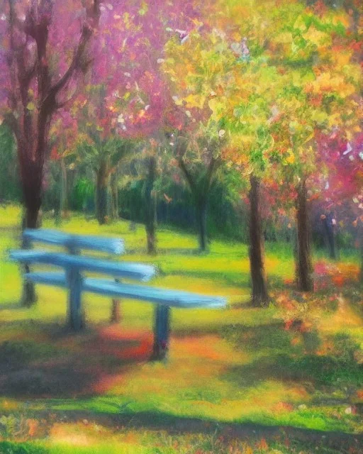 park fantastic dream, park bench, trees, birds, sunshine, mystical, pastel colors, acrylic painting, detailed, soft focus,