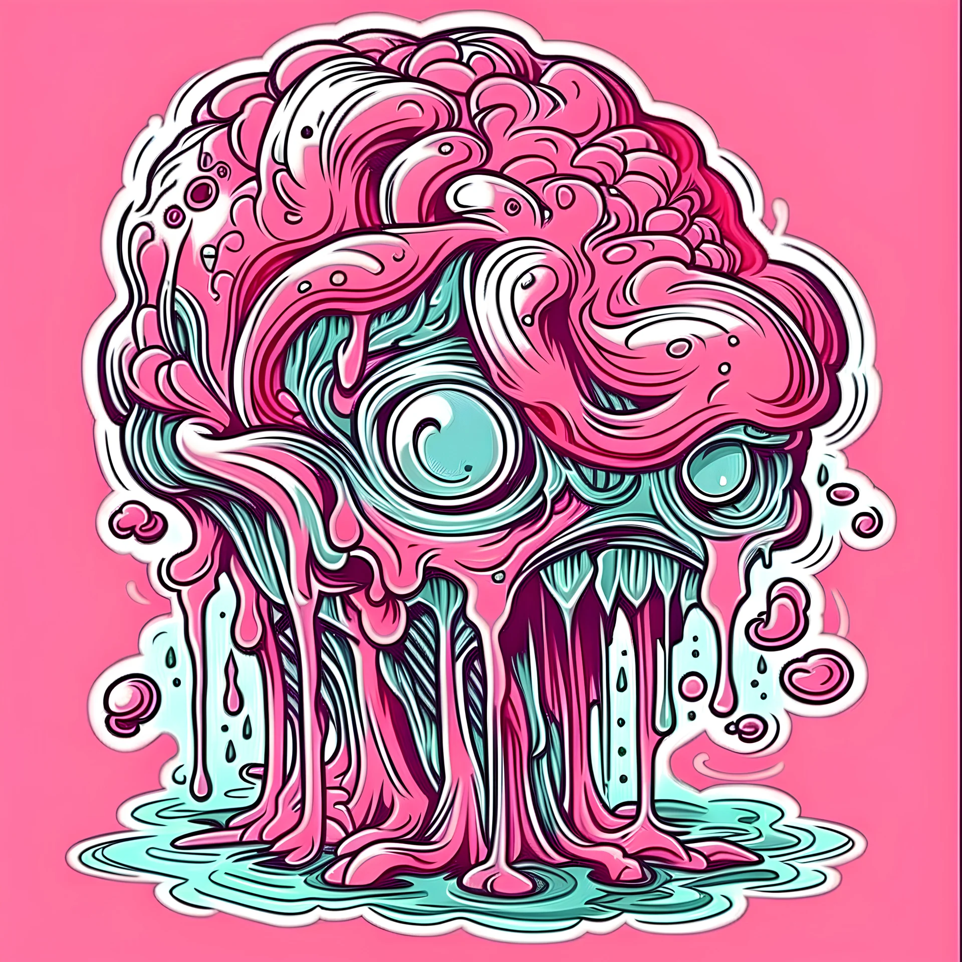 Vintage illustration of a slimy pink brain melting, cartoonist animation style, hand drawn, pastel color palette, gross art, pop punk, 90s anime inspired, airbrushing, post modern, horror cut, gradient chrome abberations, retro weird drawings