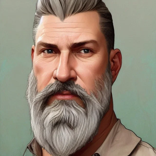 "MIddle aged white human male, with a trimmed but uneven beard, piercing green eyes with slick back hair head and shoulders portrait, 8k resolution concept art portrait by Greg Rutkowski, Artgerm, WLOP, Alphonse Mucha dynamic lighting hyperdetailed intricately detailed Splash art trending on Artstation triadic colors Unreal Engine 5 volumetric lighting Splash art fantasy"