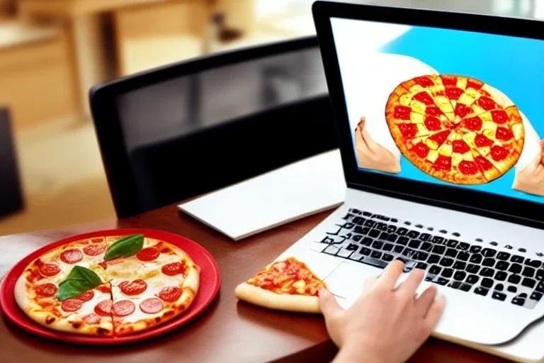 computer with pizza on screen