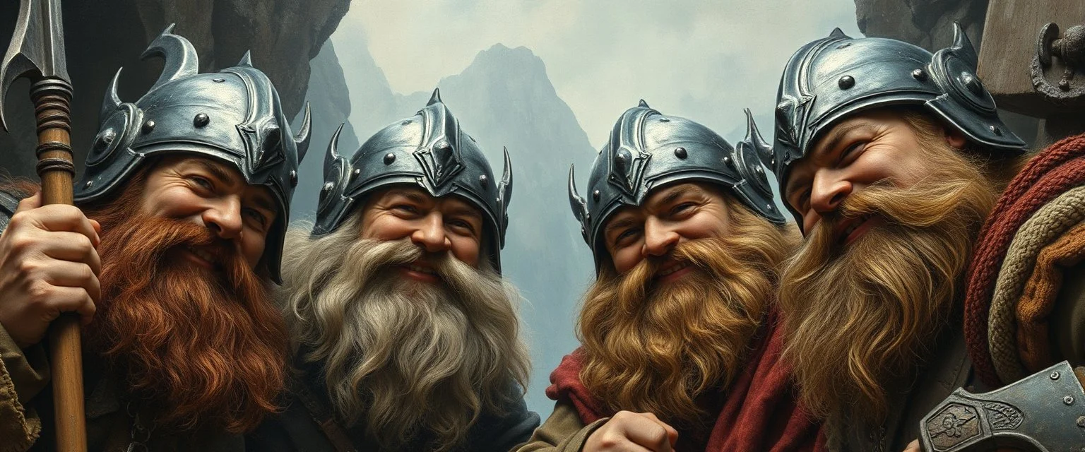 pin hole cam, master oil painting by Rembrandt, family portrait of lotsa smiling bad ass warrior clad muscle sturdy buildt deep rock metal towering dwarves in gritty metal helmets and in fine clothes and with ice picks laughing, seem from above