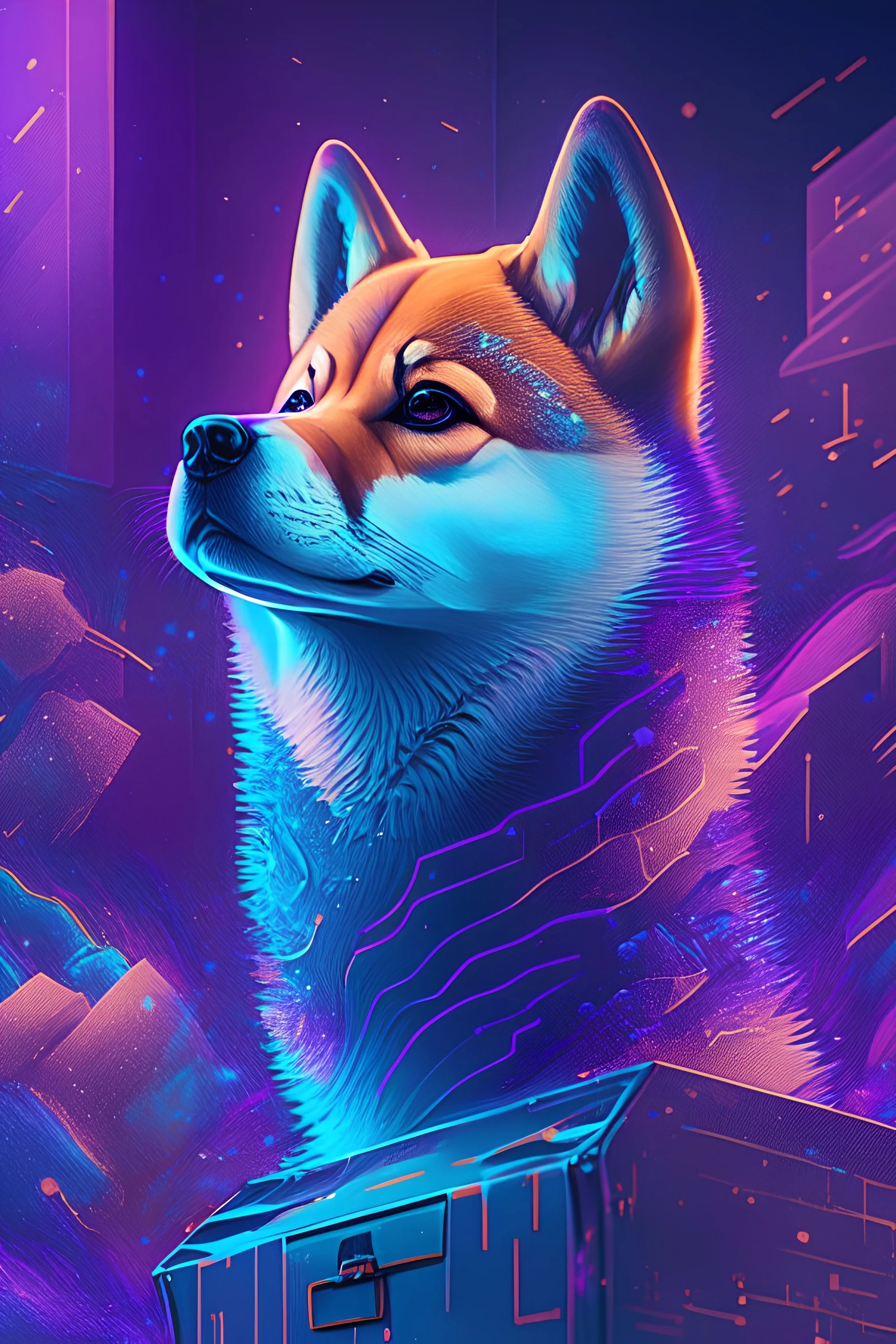 Box shiba inu,psychedelic, vibrant color scheme, highly detailed, sharp, romanticism, cinematic, concept art, 4k, 8k, trending on art station, purple and blue tones