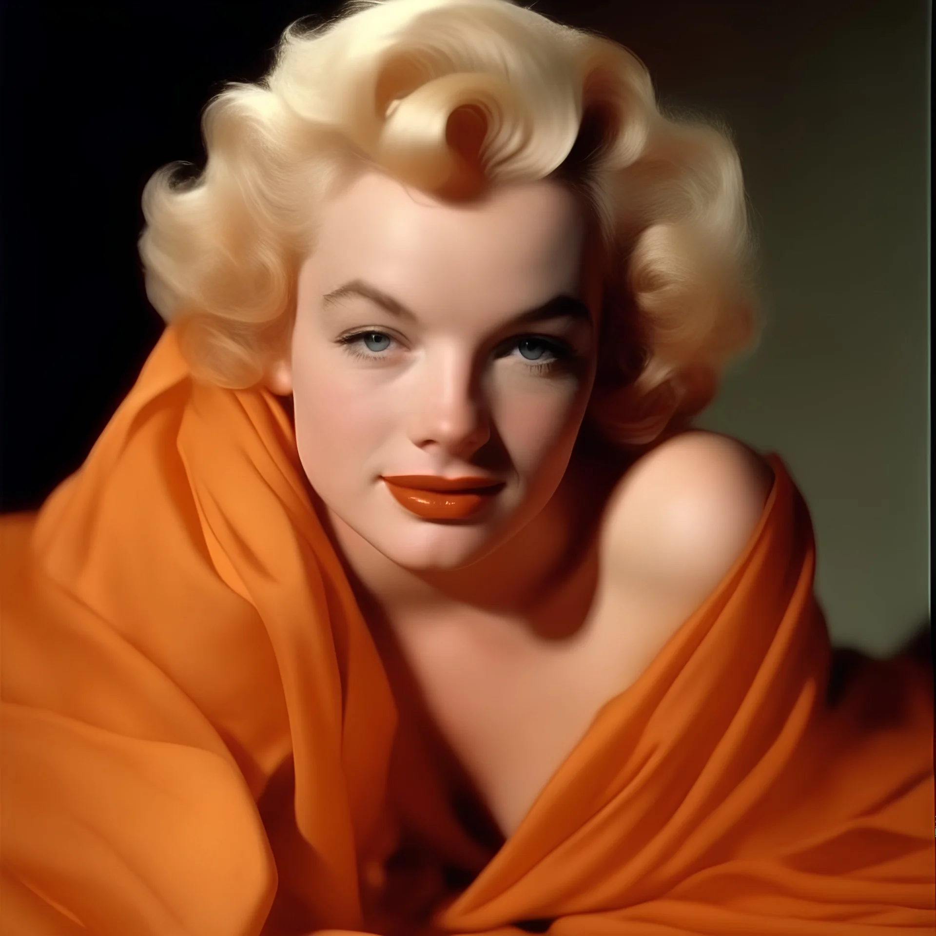 A photograph of cute disheveled marilyn monroe, sad, eyes closed, no make up, in the style of milton greene, pale orange silk scarf around her shoulders, soft bacground