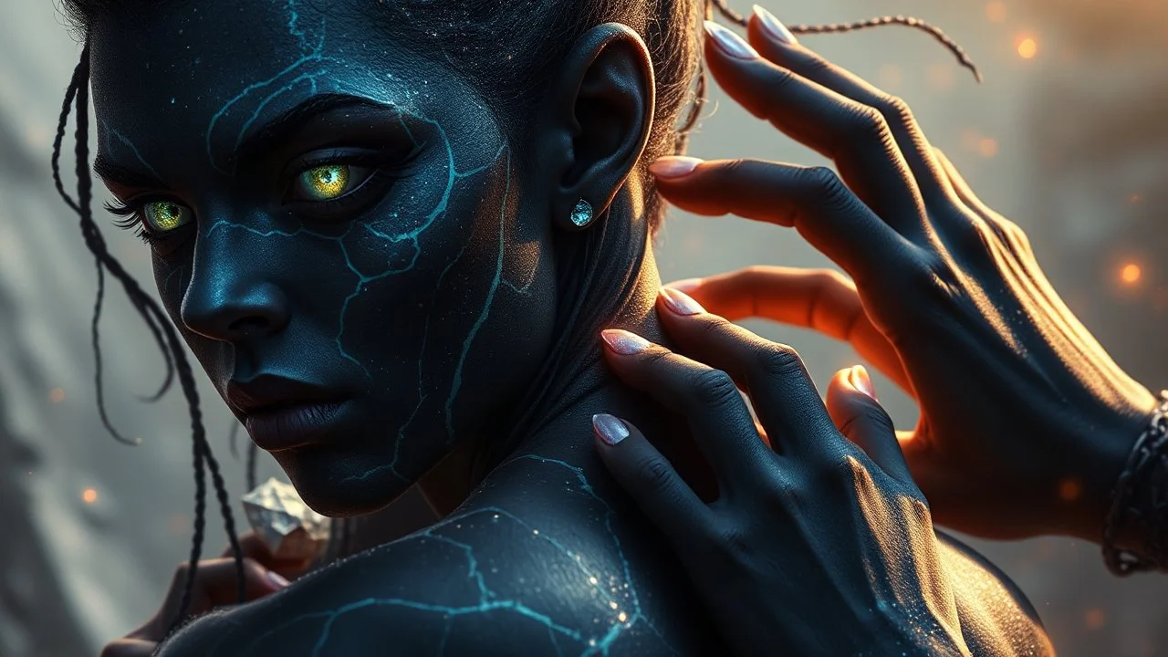 Please generate a female earth genasi cleric in the tempest domain for D&D. She should have dark-colored skin with glittering sparkles like gem dust. She should have lines marking her skin like cracks, showing glimmering . .in the back ground scary face in her back try to touch the girl