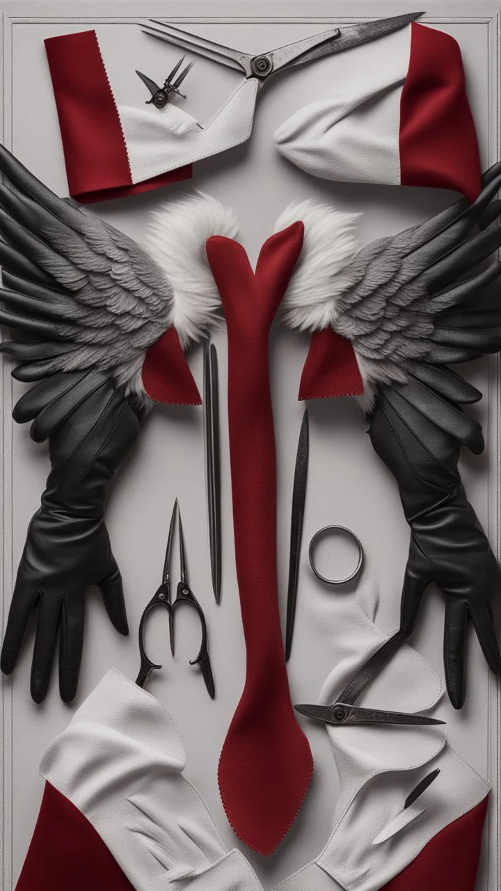 White clipped wings on a red fabric, next to scissors and black leather gloves. Cinematic image