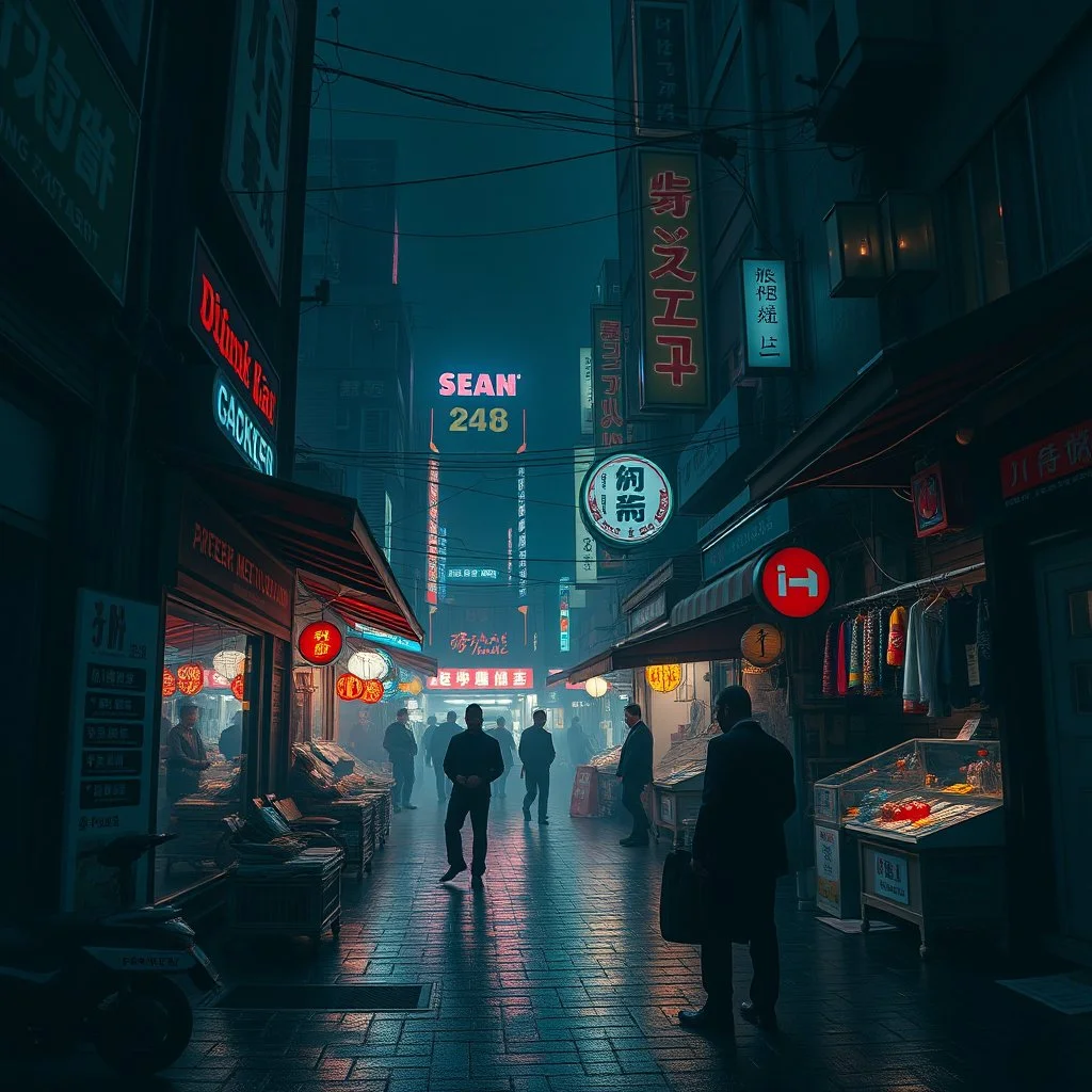 a dark market square, cyberpunk style, dodgy salesmen, dark criminal mood