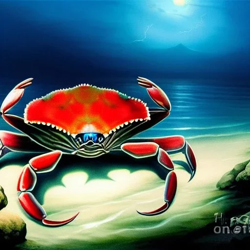 ultra detailed fullbody Drawing of Sea monster Giant Blue Crab on the shore ,with sharp teeth,with glowing red eyes, extremely detailed digital painting, intrincate, extremely detailed face,crystal clear Big eyes, in the style of Frank Frazetta, mystical colors , perfectly centered image, perfect composition, rim light, beautiful lighting, 8k, stunning scene, raytracing