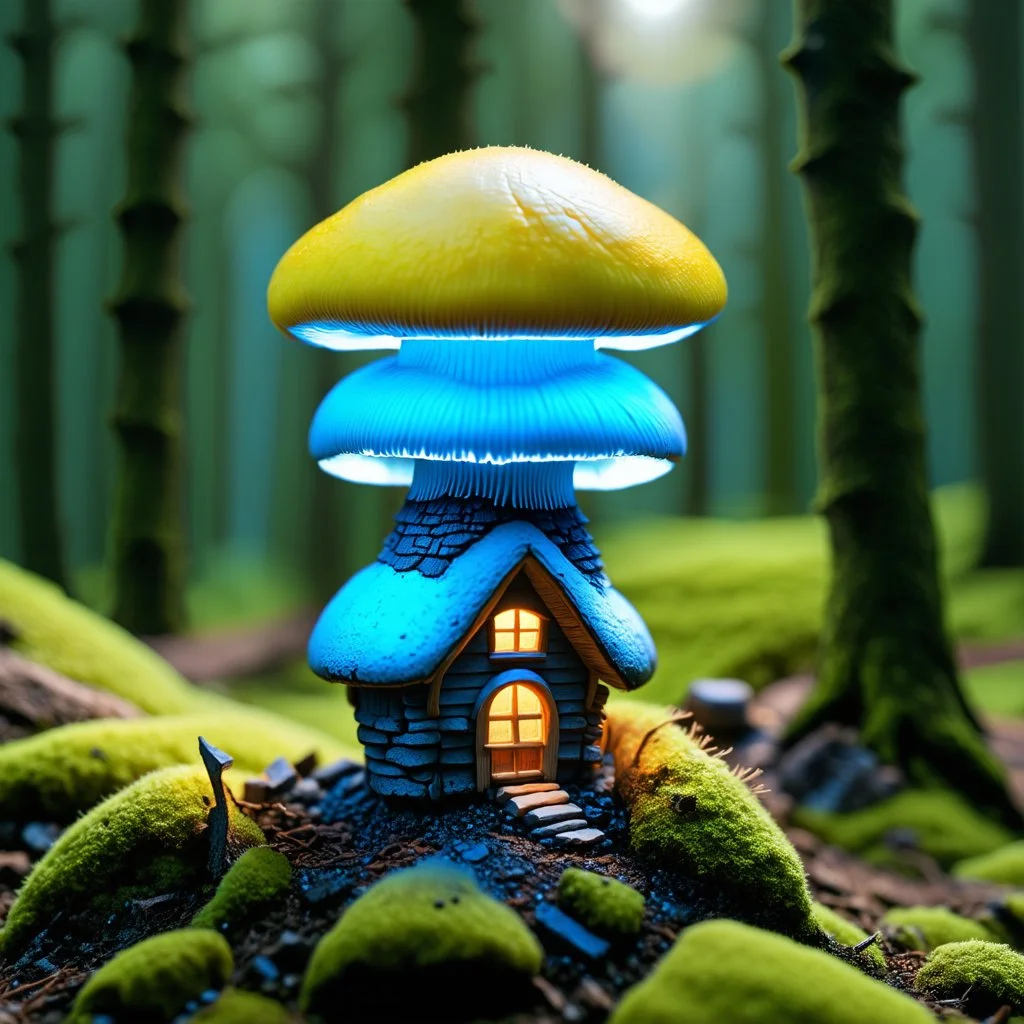 "Close up of a wonderful tiny Mushroom Tower home. blue and yellowwith bright white, deep black and contrasting tones of gray. Illuminated bioluminescent forest. Professional painter, master at composition. small but detailed. broken, blurred background, voluminous lighting"