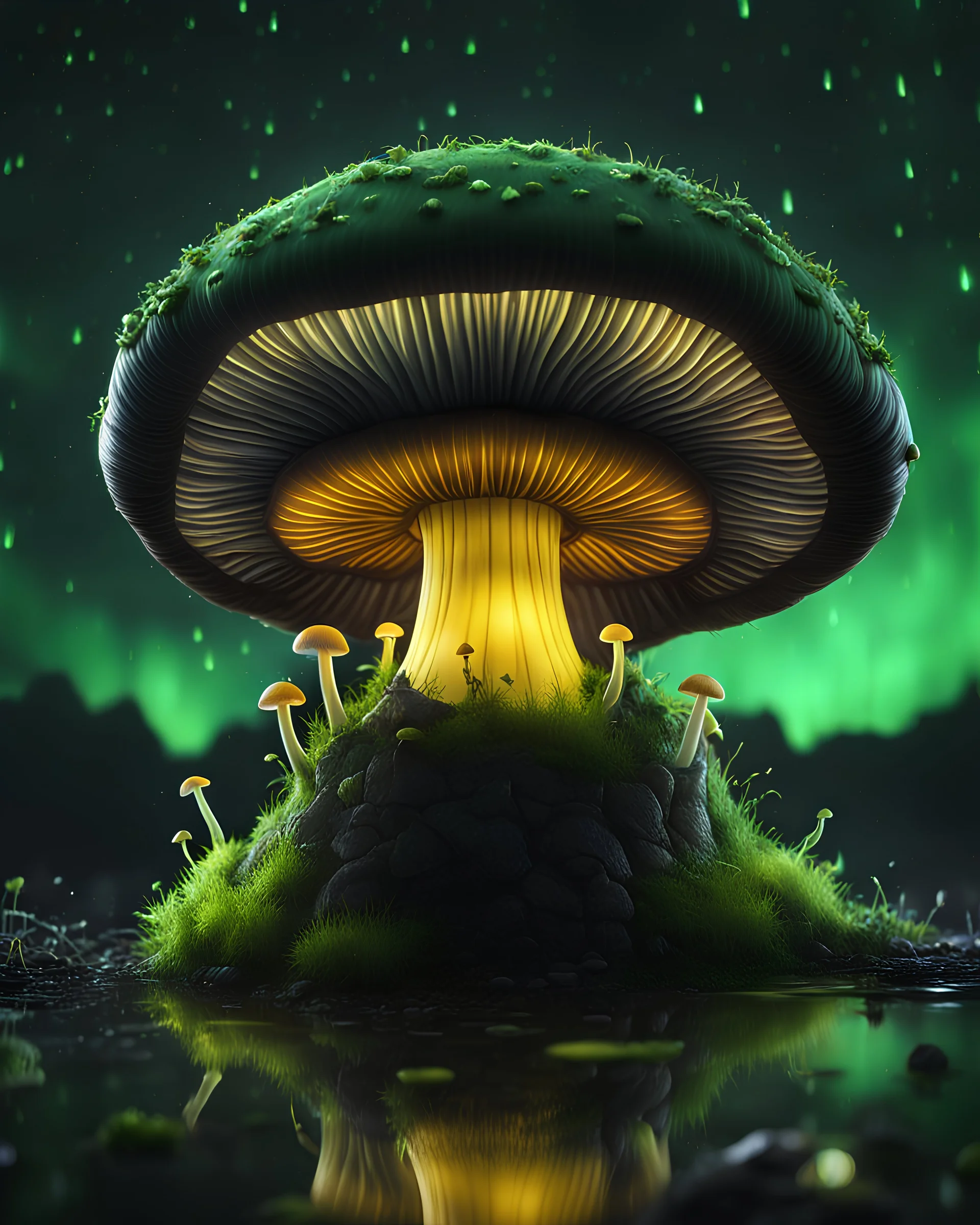 A solitary floating mushroom house on a clear night. silver and green and yellow, Dark cosmic interstellar. Detailed Matte Painting, deep color, fantastical, intricate detail, splash screen, hyperdetailed, insane depth, concept art, 8k resolution, trending on Artstation, Unreal Engine 5, color depth, backlit, splash art, dramatic, High Quality Whimsical Fun Imaginative Bubbly, perfect composition