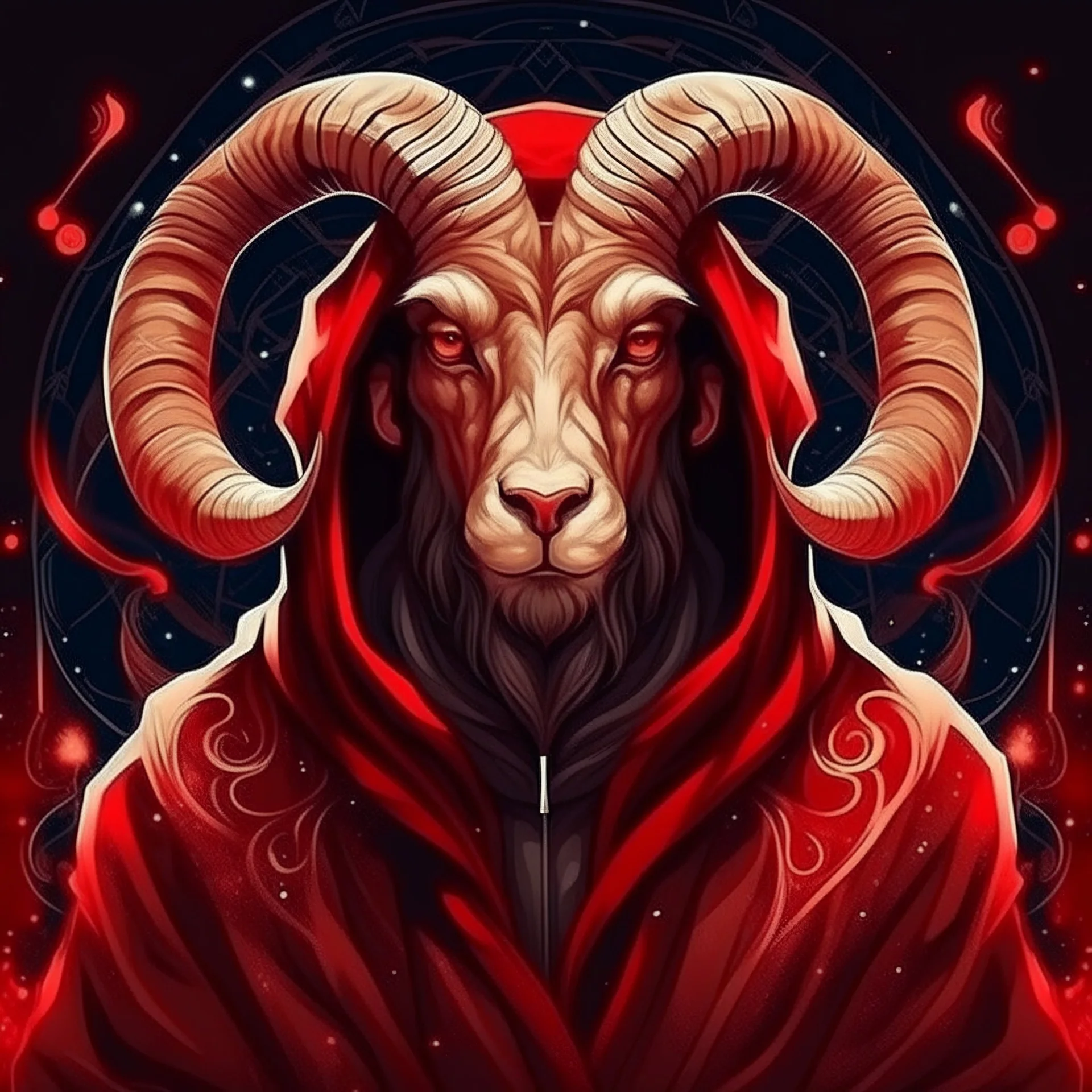 The portrait of a brutal man with ram's horns in a hood is turned sideways. The horns are created from flowing lava. The eyes are shining with fire. Beige and red cloth robes and a cape with a high collar. A pendant made of luminous zodiac signs. Depict them in the style of zodiac signs. In detail. Realistic. In the background, space and stars